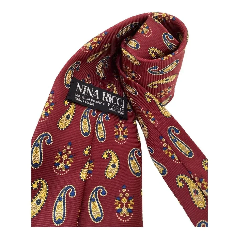 NINA RICCI Red Paisley Silk Tie Hand Made In France 59-
